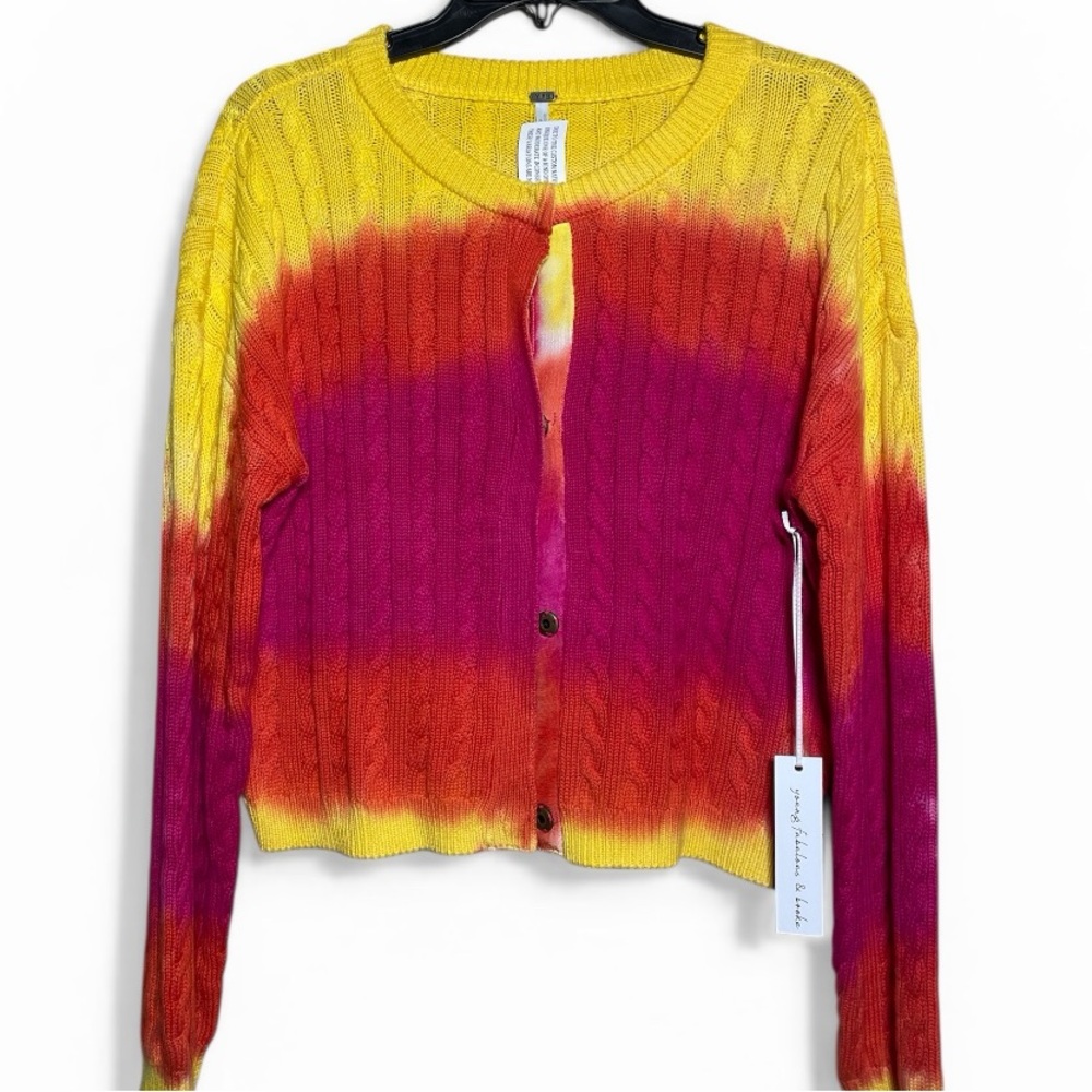 Young Fabulous & Broke Tie-Dye Cable Knit Cardigan - Yellow, Orange & Pink